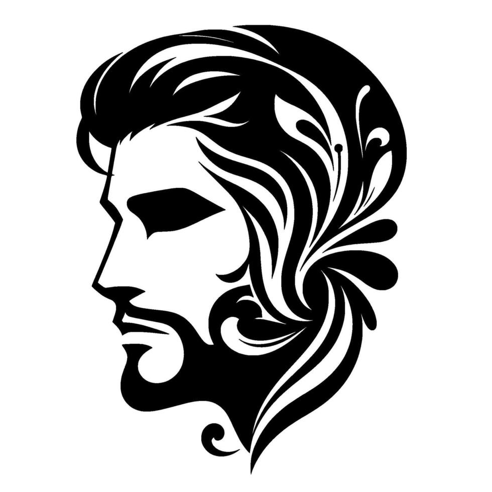 Black and white stylized side profile portrait of a man with a beard, hair and floral elements, minimalist illustration. vector