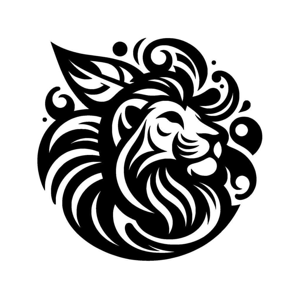 Artistic Black and White Lion Head with Ornate Curly Mane and Leaflike Ear Design, a Illustration. vector