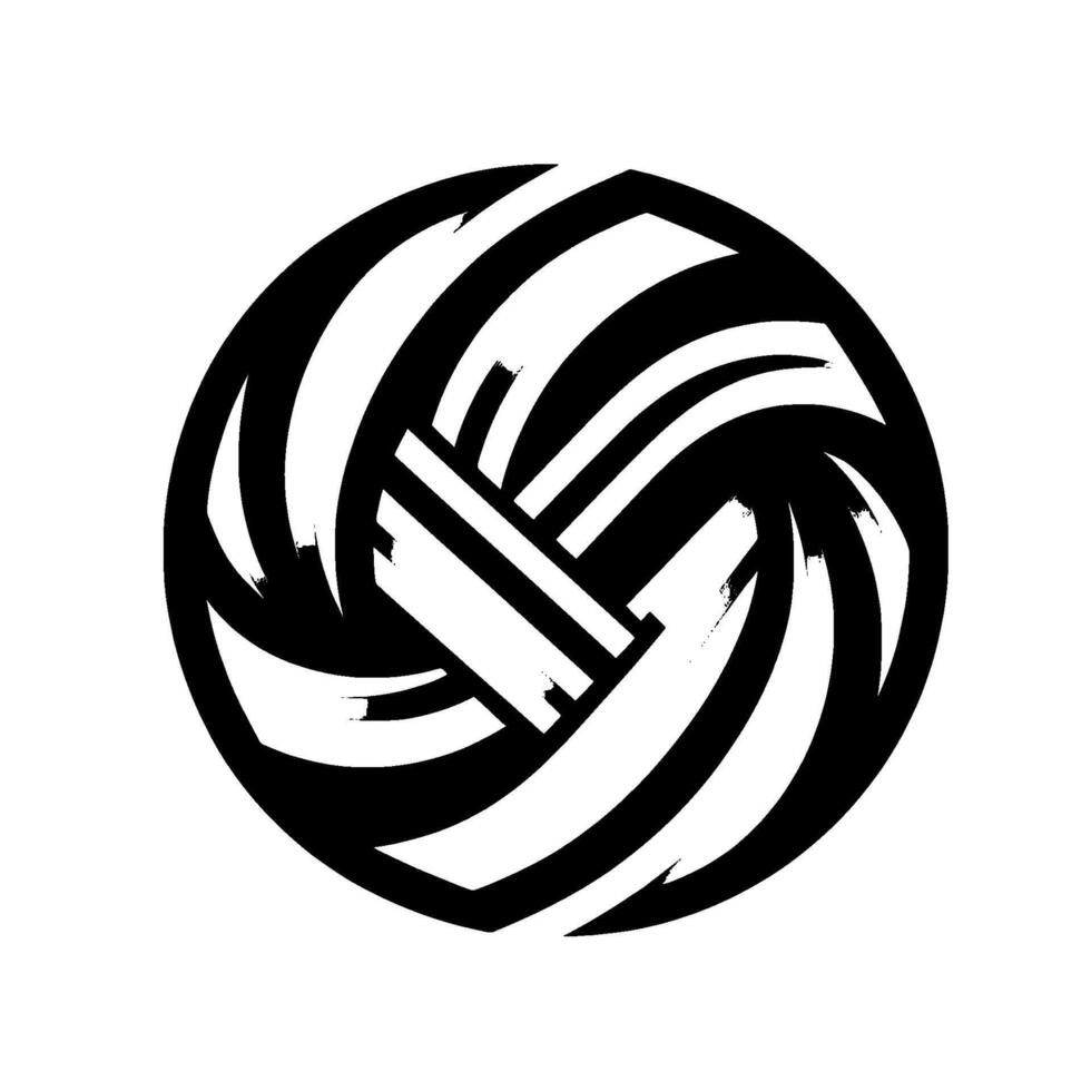 Stylized, blackandwhite volleyball featuring interwoven stripes, radiating from a central point, evoking movement and energy, isolated on white. vector