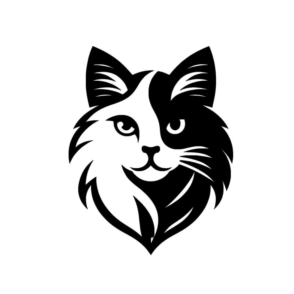 Monochrome cat head logo, split face, black and white, stylized illustration, perfect symmetry, fluffy fur details, simple design, isolated. vector