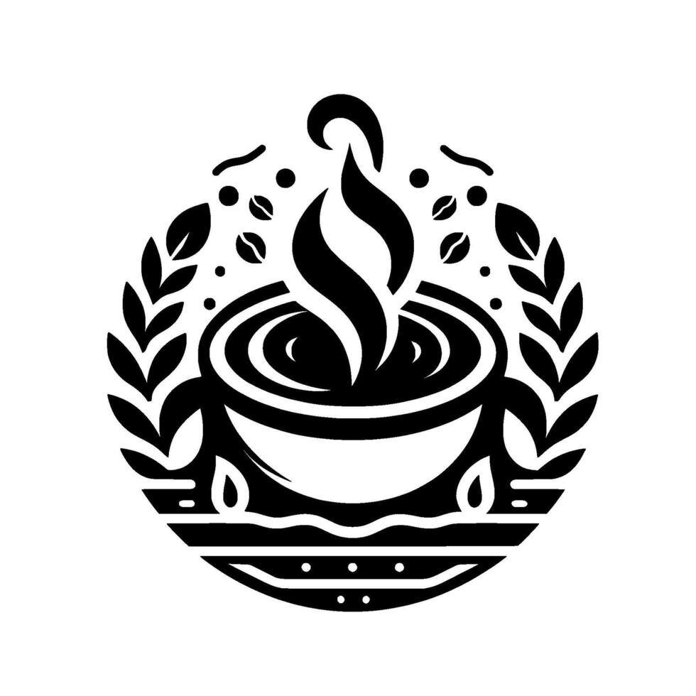 Minimalist Black White Coffee Cup Emblem with Steam, Laurel Wreath, and Organic Coffee Bean Elements. vector