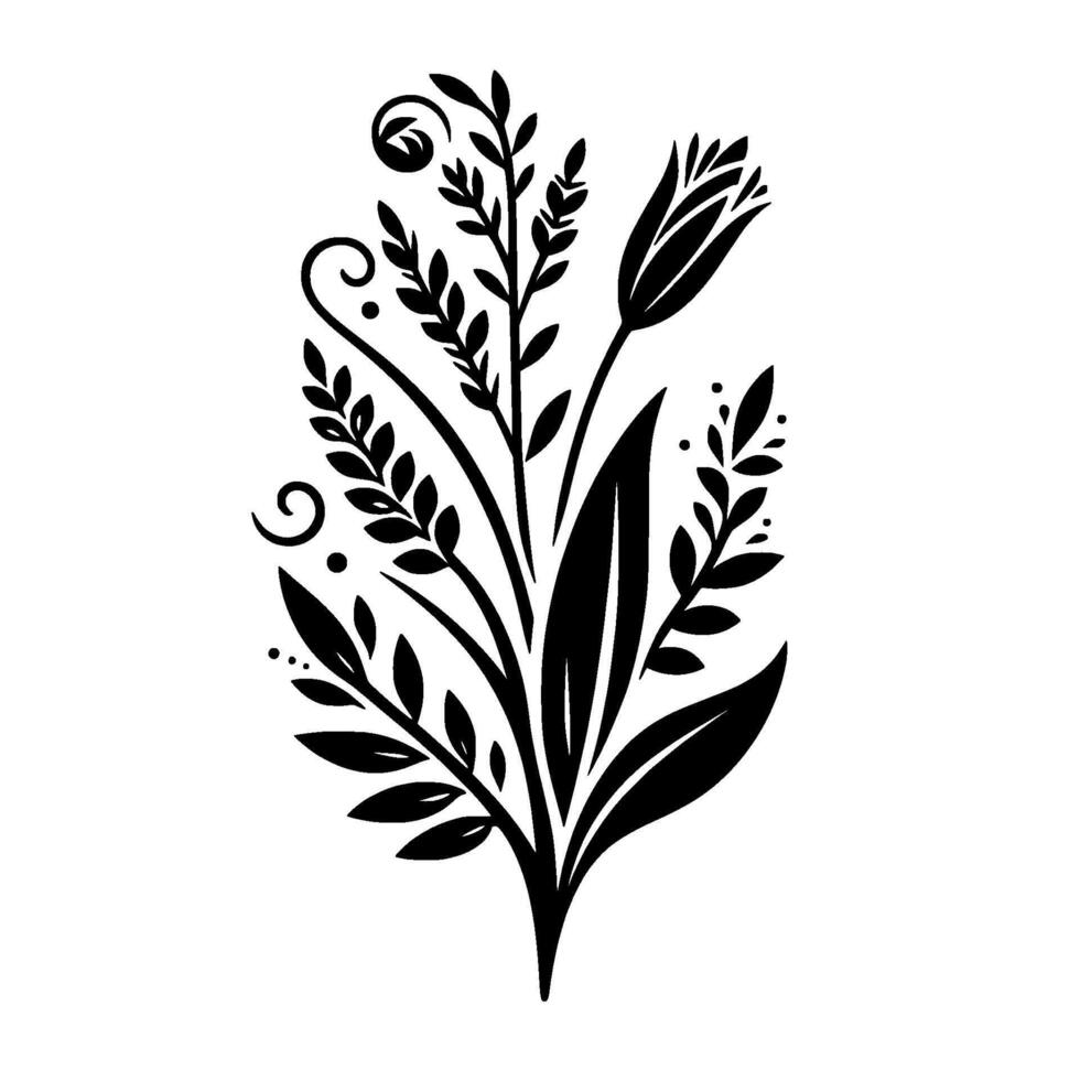 Elegant Black and White Floral Illustration Featuring a Stylized Bouquet with Leaves, Twirls, and a Delicate TulipLike Bloom on a White Background. vector