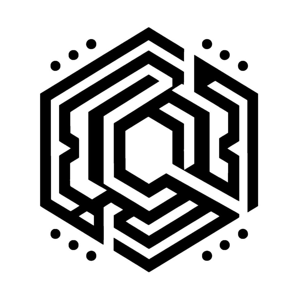 Bold black and white geometric abstract design, a hexagonal labyrinth with internal shapes and dotted border elements. vector