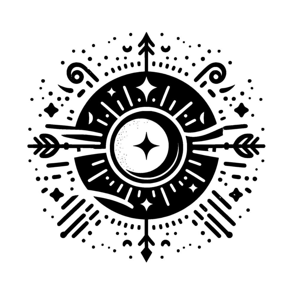 Celestial Emblem A symmetrical black and white with arrow, star, moon, leaf, and burst elements forming an astrological symbol. vector