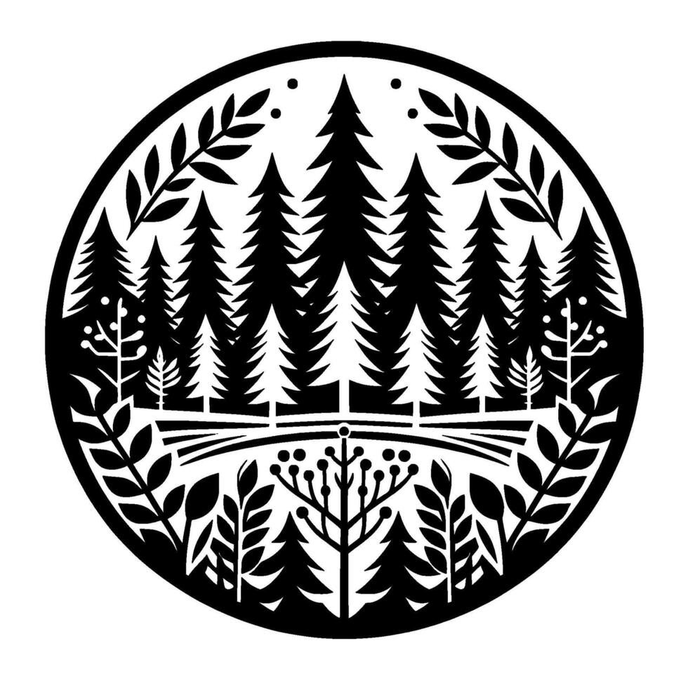 Silhouetted Forest Scene within a Circle Frame, featuring Pine Trees, Foliage, and Floral Elements in a Decorative, Black and White Design. vector