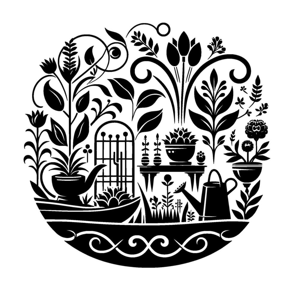 Elegant Black and White Garden Illustration Floral Arrangement with Potted Plants, Watering Can, and Decorative Elements within a Circle. vector