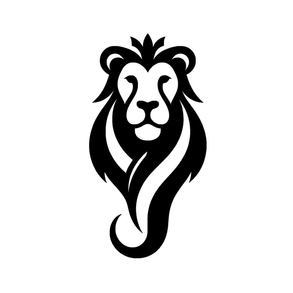 Bold Black and White Lion Crest Artistic Minimalist with Flowing Mane and Regal Crown on White Background. vector