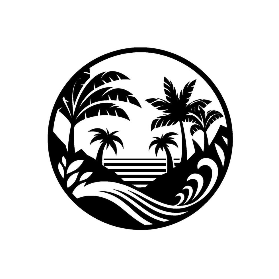 Black White Circular Silhouette Tropical Beach Scene, Palm Trees, Waves, and Sunset, Illustration. vector