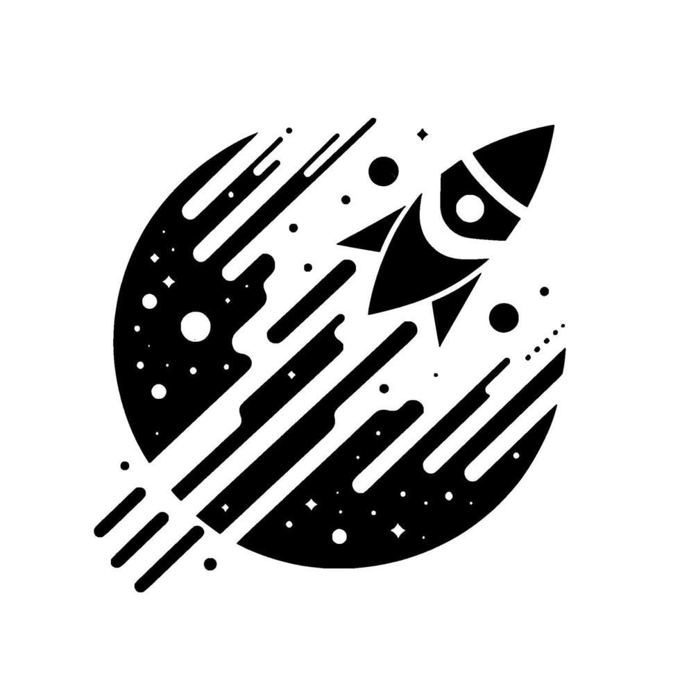 Vectorstyle black and white image of a rocket ship blasting off inside a cosmic sphere, surrounded by stars, trails, and a minimalist aesthetic. vector