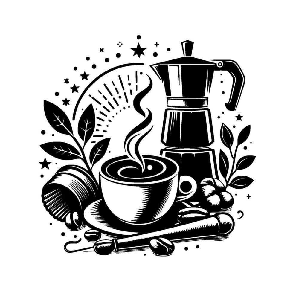 Artistic black and white illustration of a coffee set, with steaming cup, Moka pot, and coffee beans with decorative elements. vector