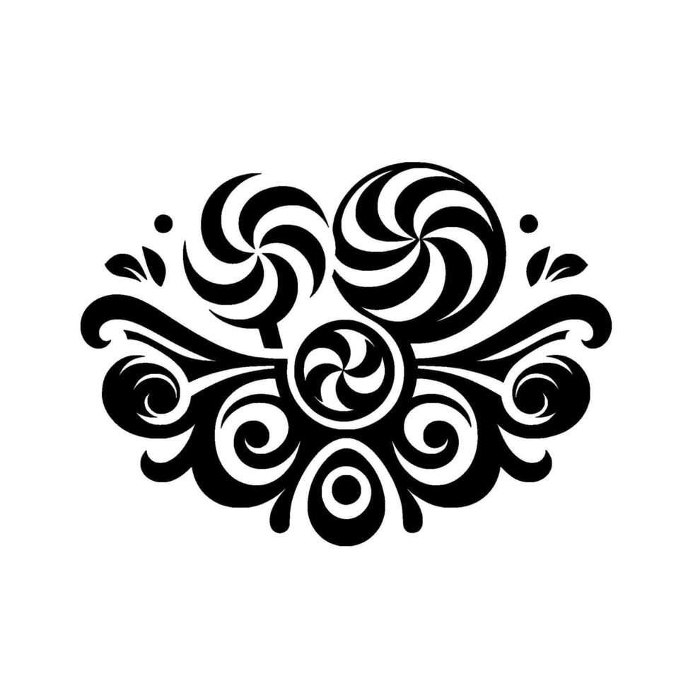 Black and white swirl lollipop with floral ornament, minimalist design, playful, graphic, symmetrical. vector