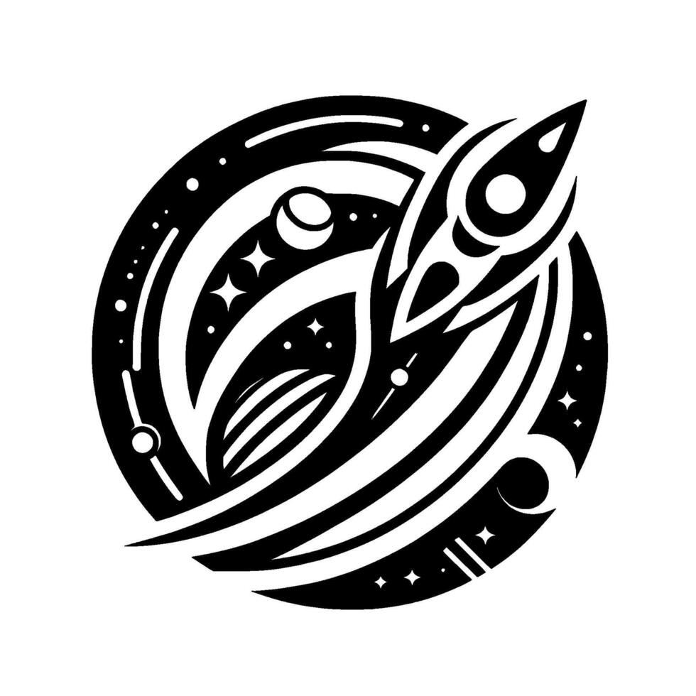 Black and White Cosmic Journey A stylized rocket streaks through a celestial sphere filled with planets, stars, and orbits. vector
