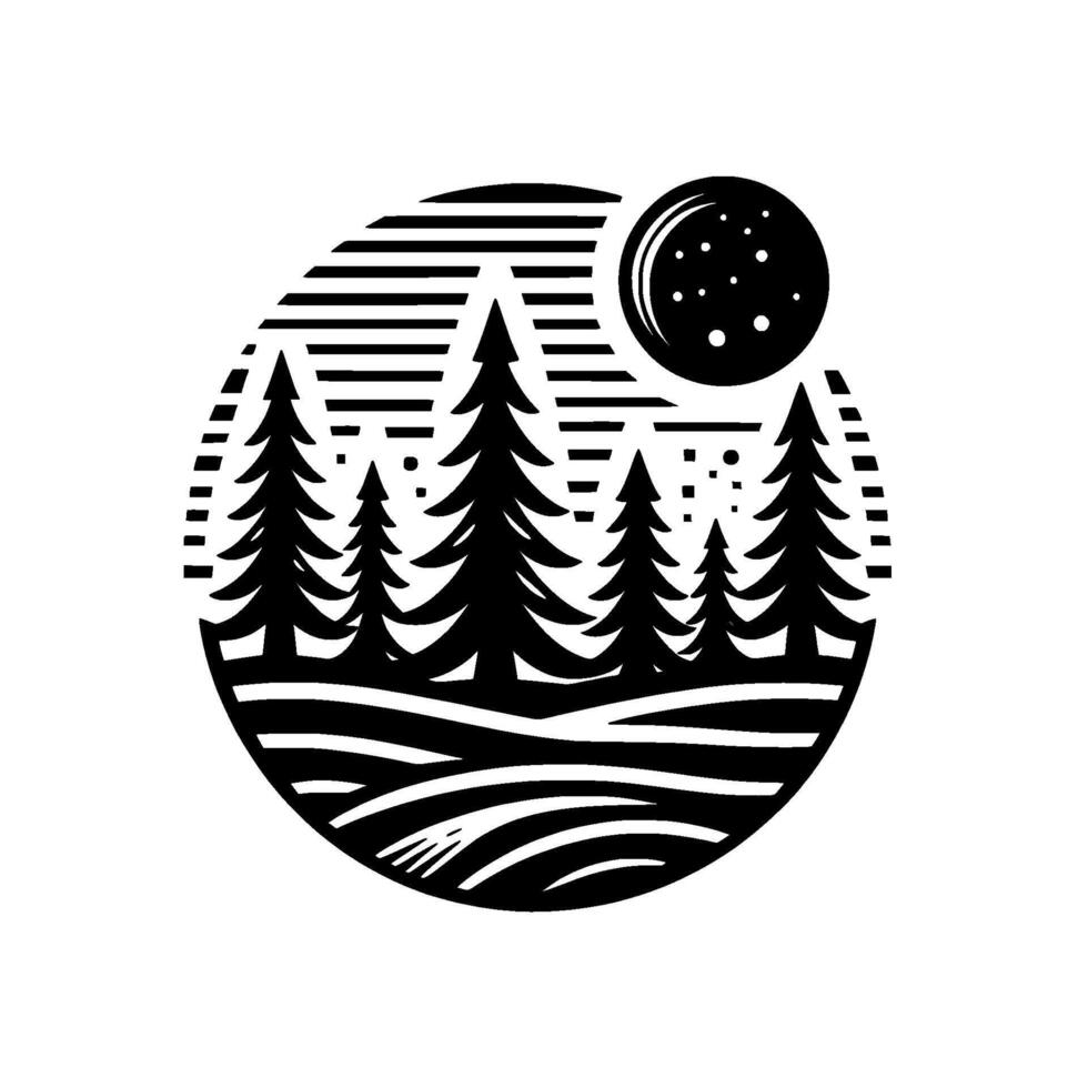 Black and White Minimalist Nature Scene Circle Composition Featuring Pine Trees, Moon, and Abstract Landscape Design. vector