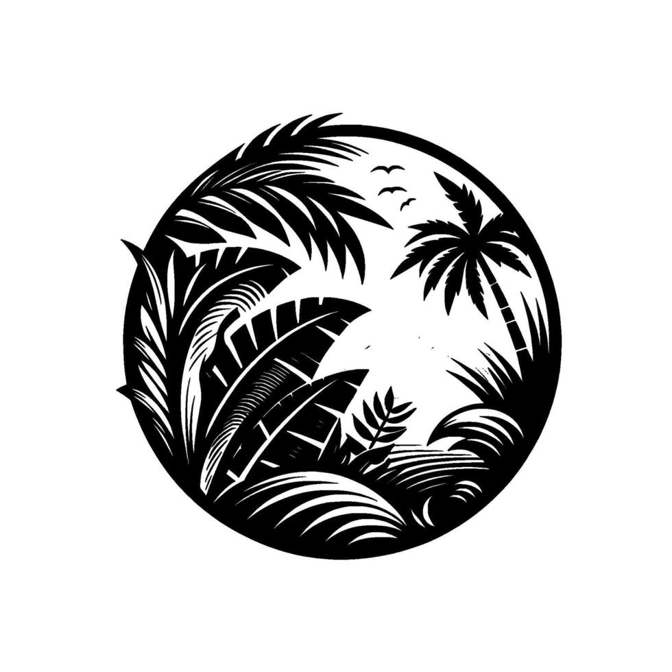 Tropical Island Silhouette A Black and White Circular Illustration Featuring Palm Trees, Lush Foliage, Mountains, Birds, and Calm Waters. vector