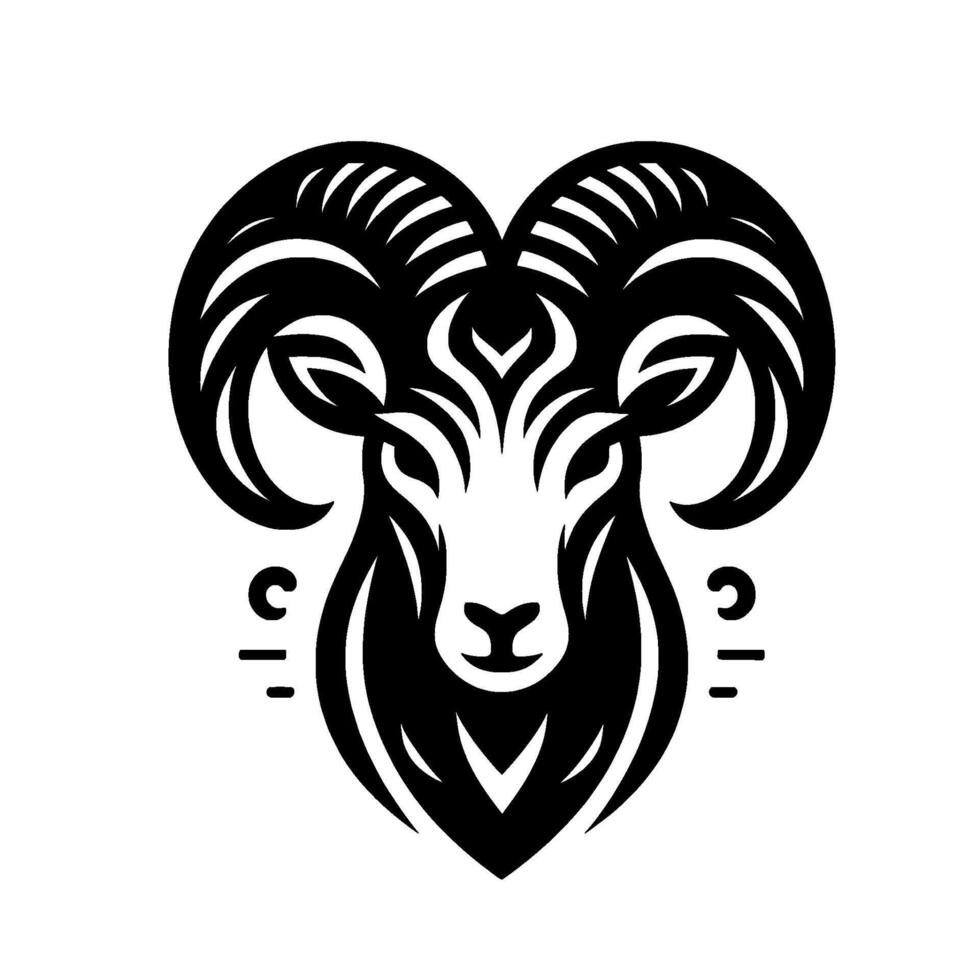 Bold, black and white illustration of a rams head with large curved horns, representing the astrological sign Aries, on a clean white background. vector