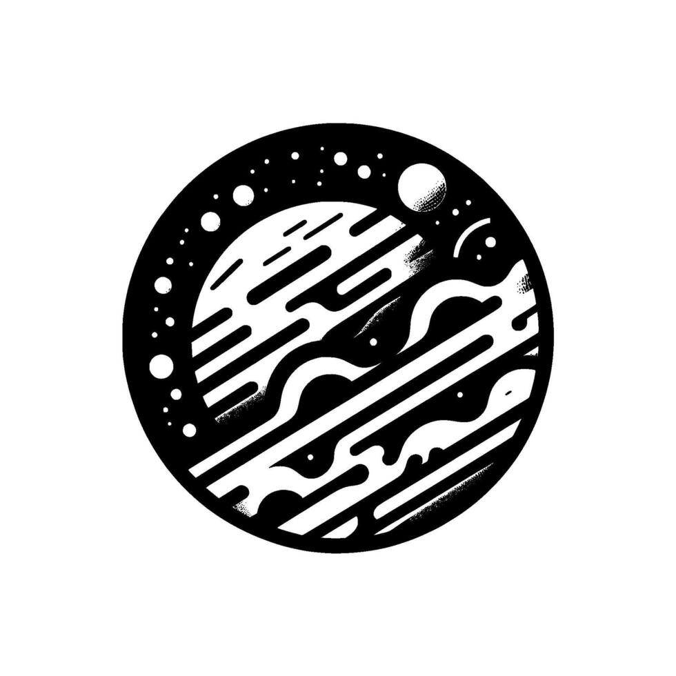 A stylized black and white planet illustration within a circular frame, showcasing geometric patterns and celestial elements with a dot texture. vector