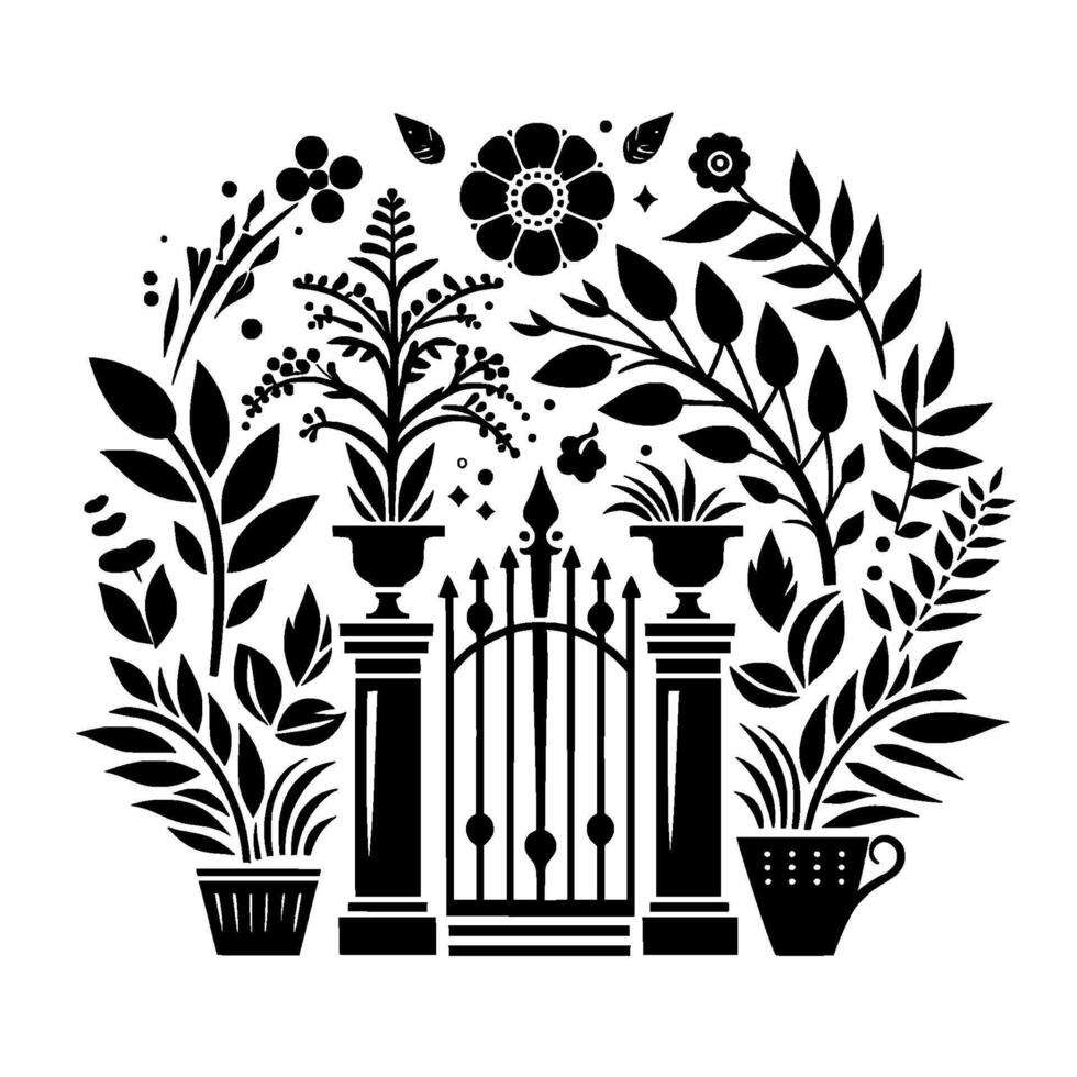 Elegant Black and White Garden Silhouette Ornate Gate, Potted Plants, and Floral Arrangement, Surrounded by Leaves and Berries. vector