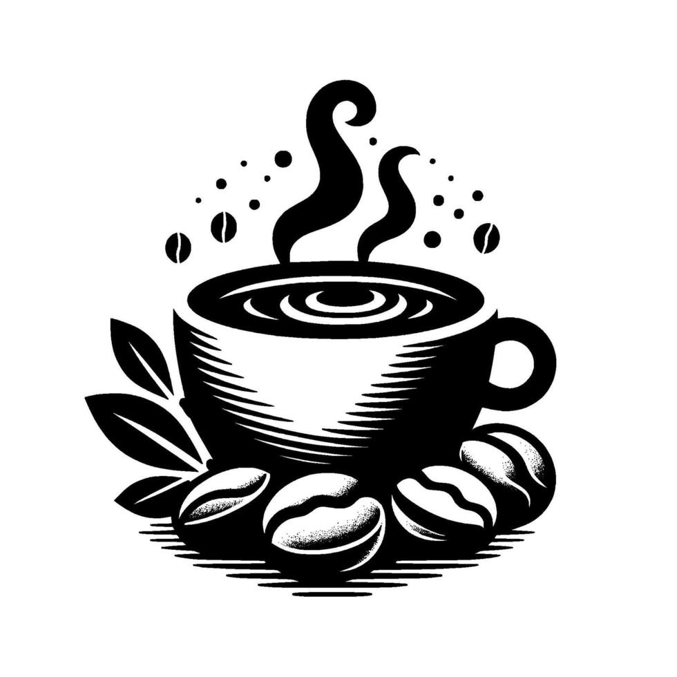 Bold Black and White Coffee Still Life Steaming Mug with Beans, Leaves, and Dots, Evoking Warmth and Freshness. vector
