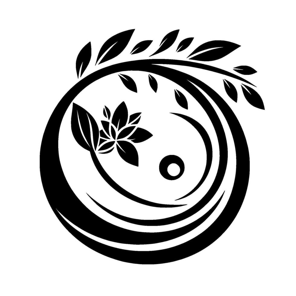 Black and white floral with leaves and concentric circles evoking natural harmony and balance. vector