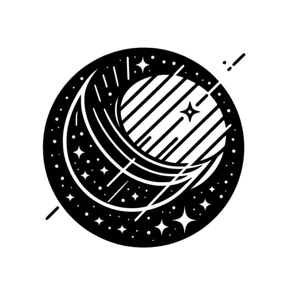 Minimalist Celestial Icon Black and White Composition Featuring Moon, Stars, and Geometric Planetary Body with Diagonal Lines. vector