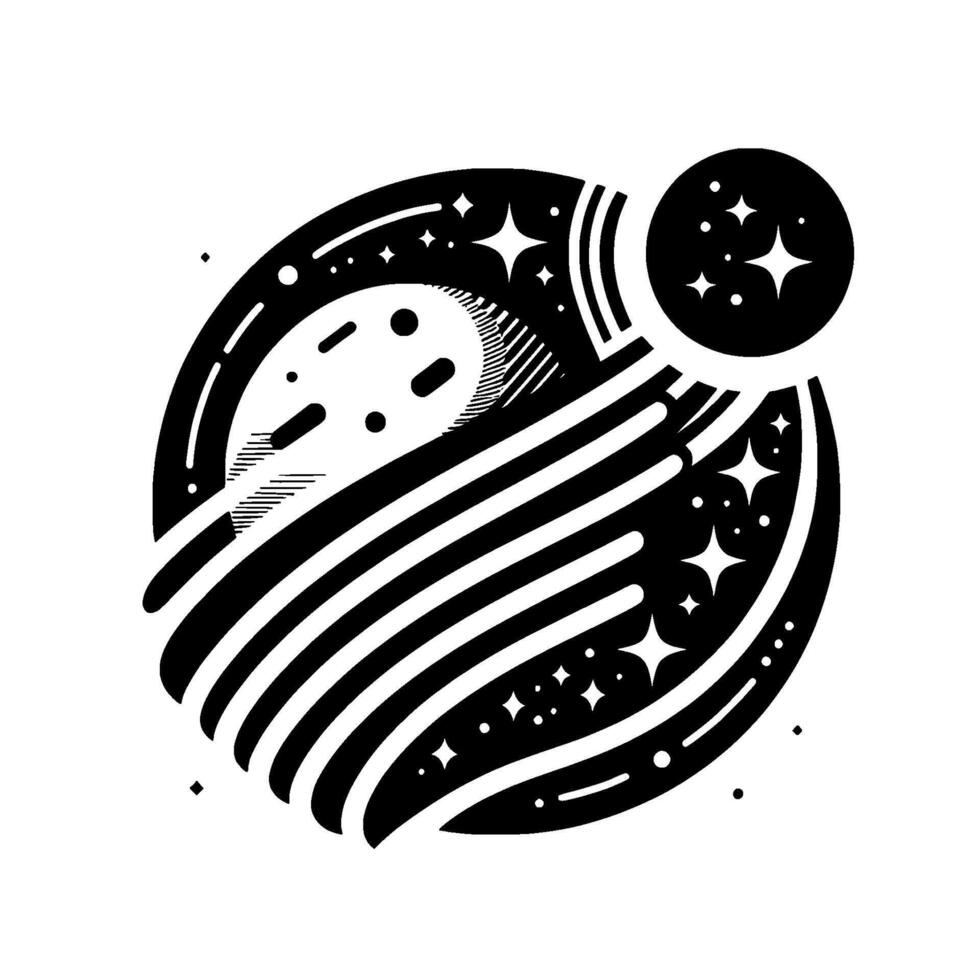 Cosmic Monochromatic Illustration Celestial Body, Planets, Stars, and Striated Celestial Sphere, Black and White, Geometric Design. vector