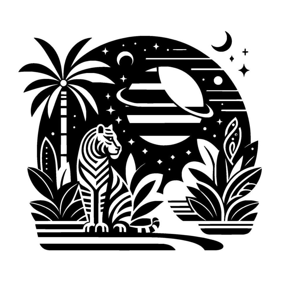 Black and White Art Deco Style Illustration of a Tiger in a Tropical Jungle Landscape with Space Elements. vector