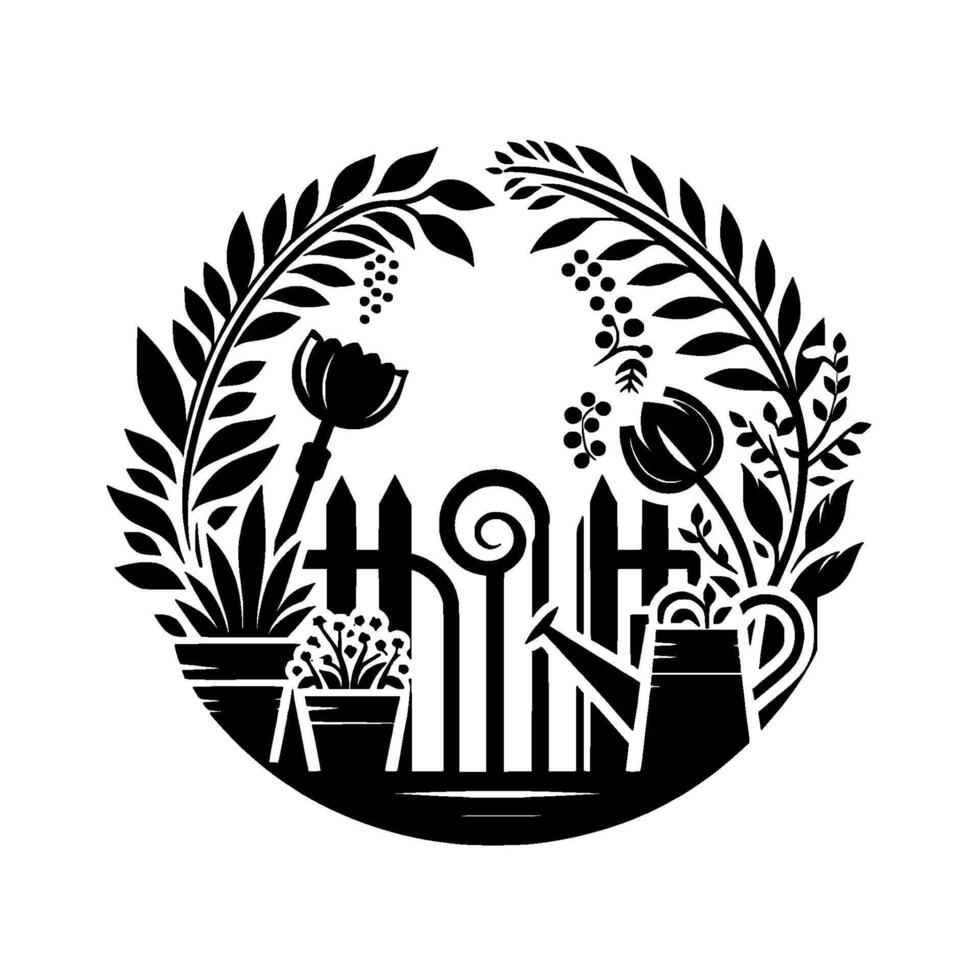Black White Garden Scene in a Circle Fence, Flowers, Plants, Watering Can, Foliage. Decorative Design. vector