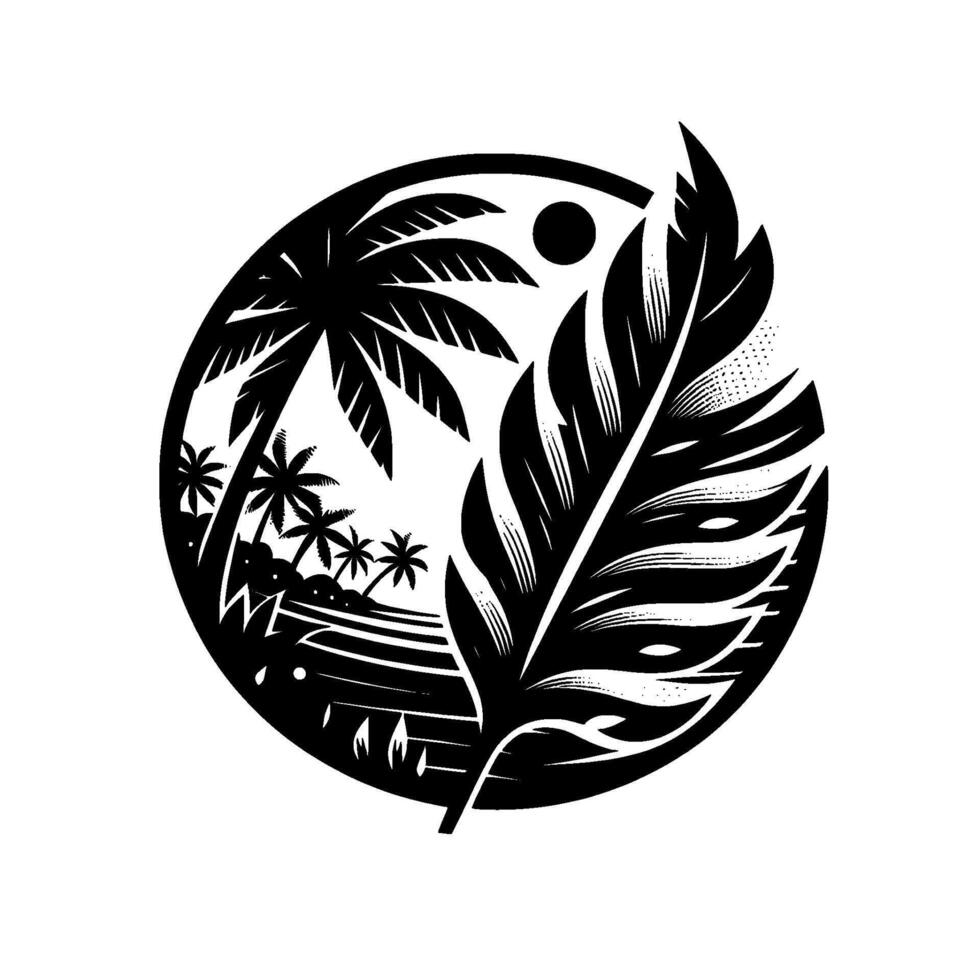 Tropical beach scene juxtaposed with feather, black and white artwork, within a circular frame. vector