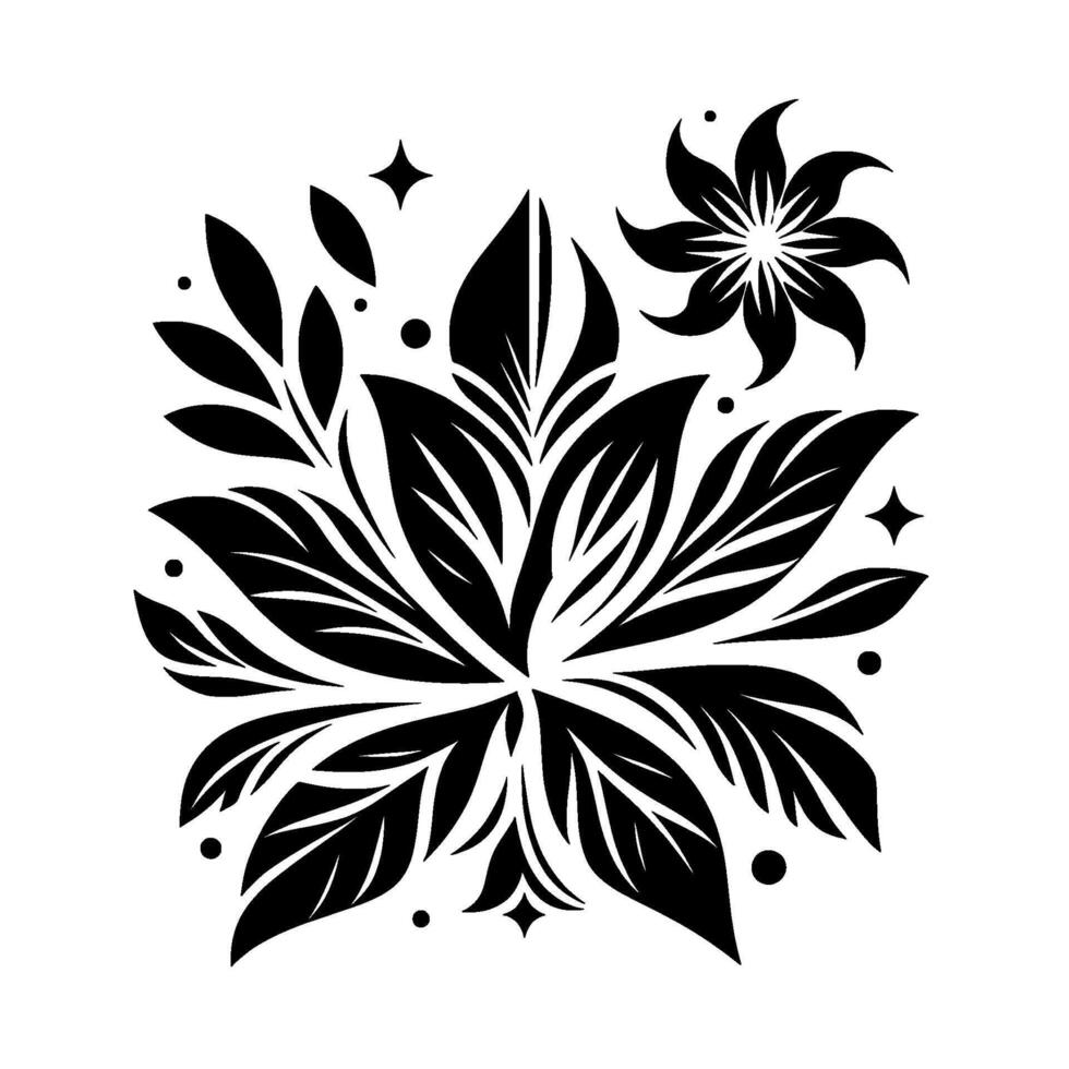 Intricate Black and White Floral Mandala with Star Accents and Leafy Composition. vector
