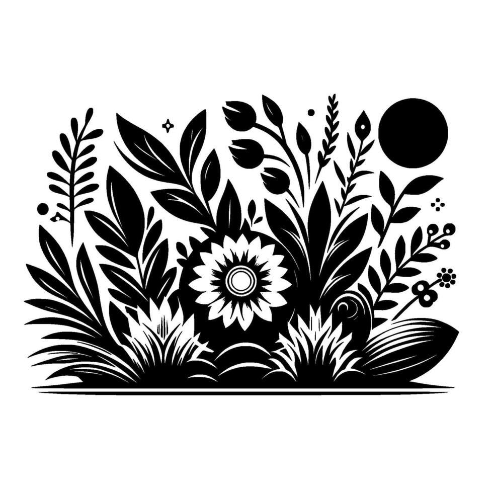 Black and white stylized floral illustration with a central sunflower, diverse foliage, and a full moon on a white background. vector