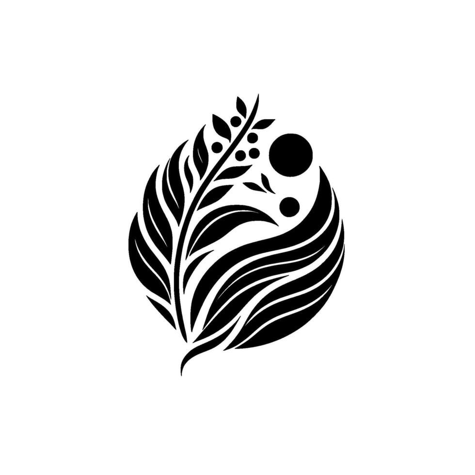 Black and white abstract of leaves and berries arranged in a teardrop shape with a minimalist and elegant design. vector