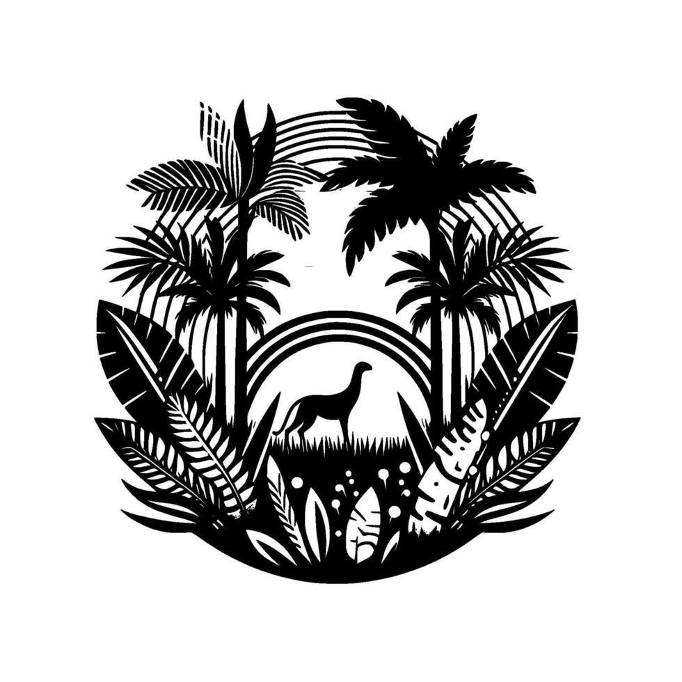 Silhouette of an animal in a tropical oasis a black and white circular with a dog, palm trees, lush vegetation, and stylized elements. vector