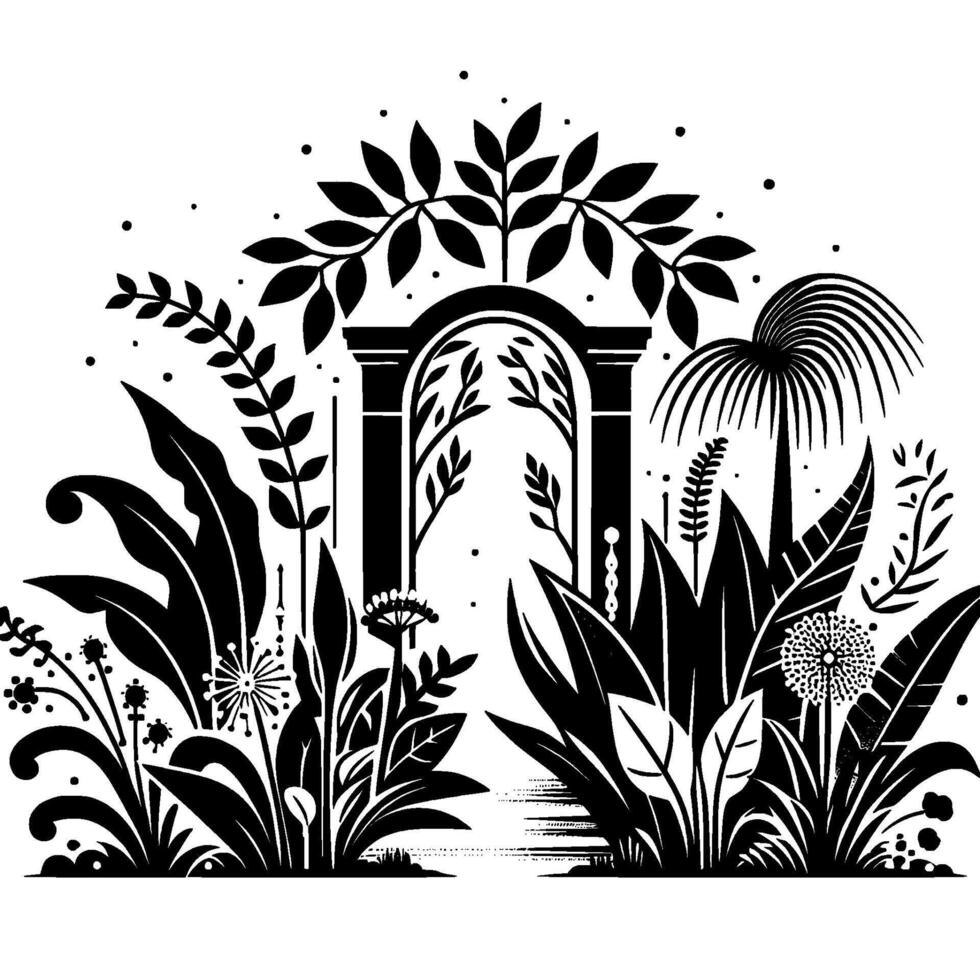 Black and White Garden Scene An Elegant Archway Leads to a Lush Botanical Paradise with Varied Flora and Dense Foliage. vector