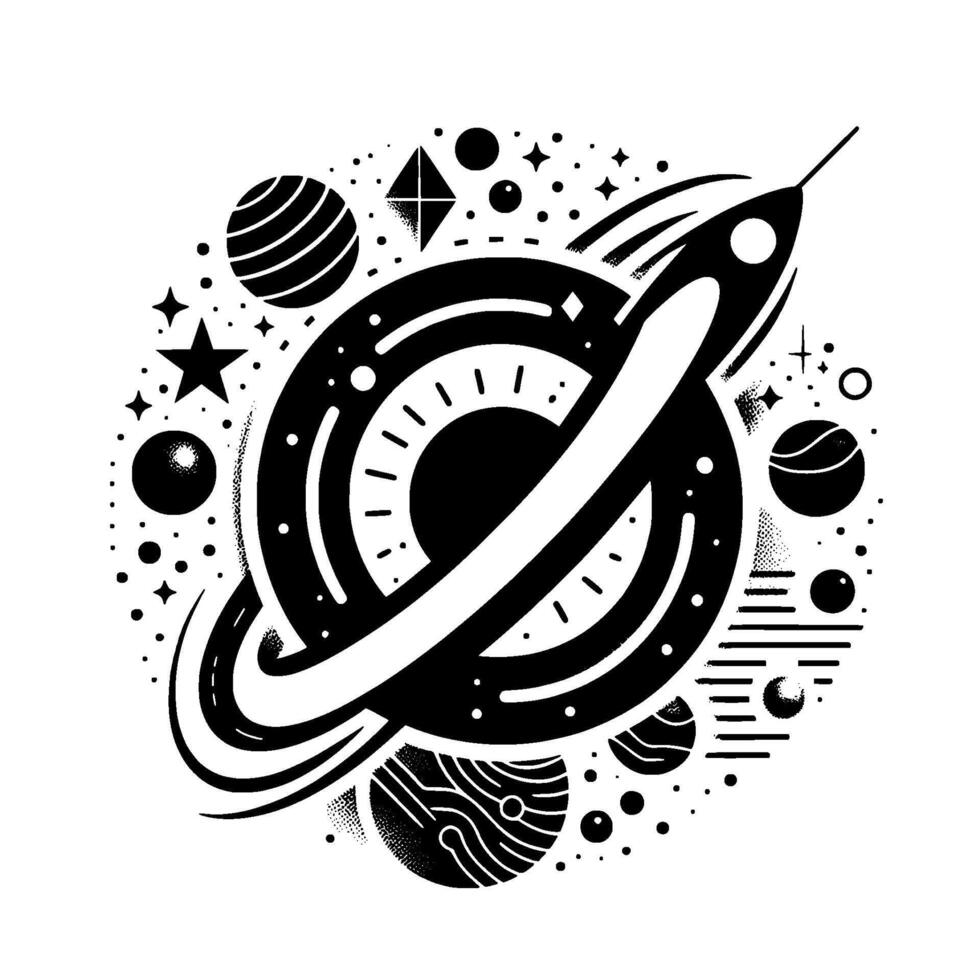 Retrofuturistic black and white illustration featuring a stylized planet with rings and rocket, surrounded by cosmic elements. vector