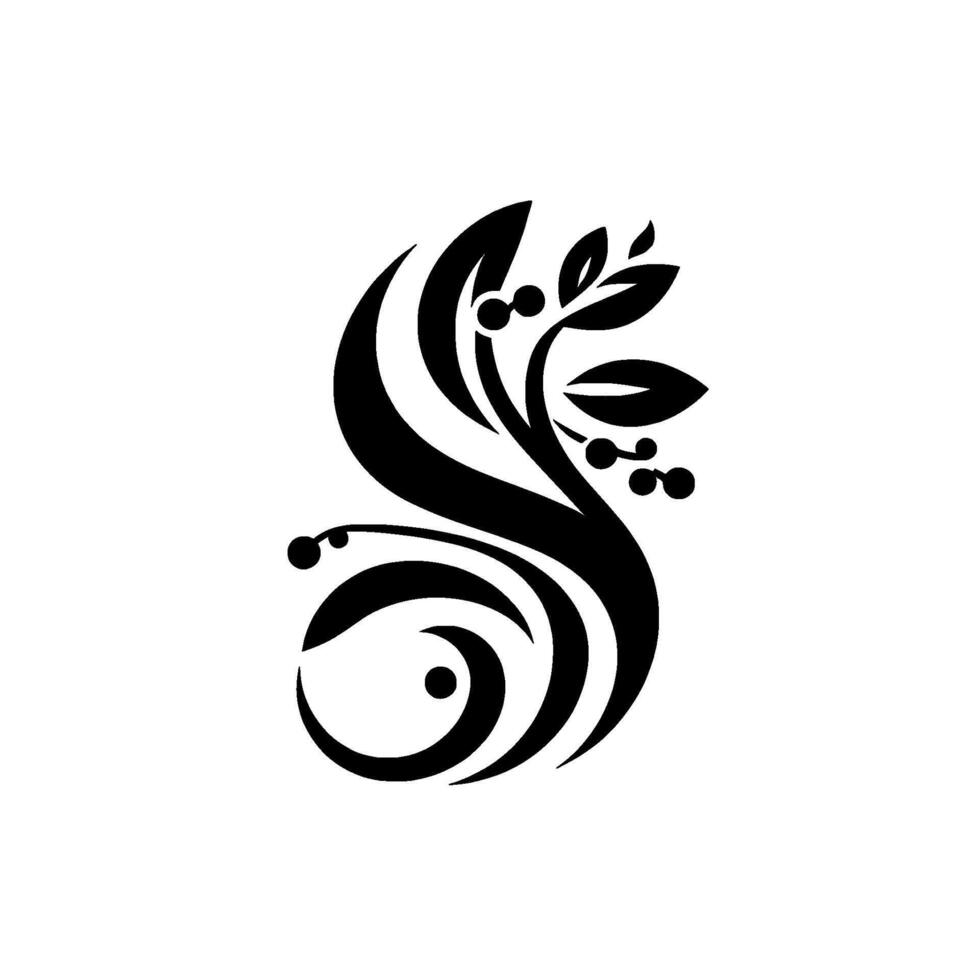 Monochromatic, stylized floral emblem, with flowing lines and organic shapes, leaves and berries, against a crisp white background. vector