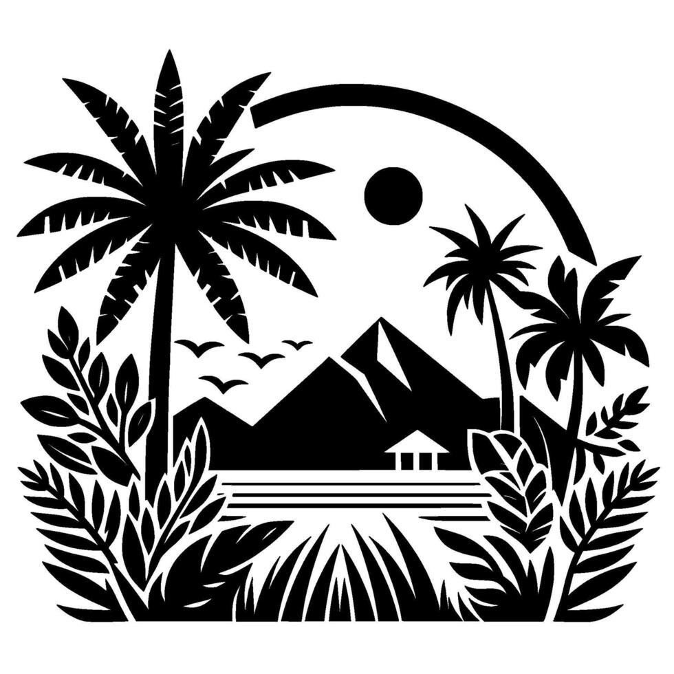 Black and white stylized tropical scene with palm trees, mountain, sun, birds, and foliage elements, showcasing a serene and picturesque setting. vector