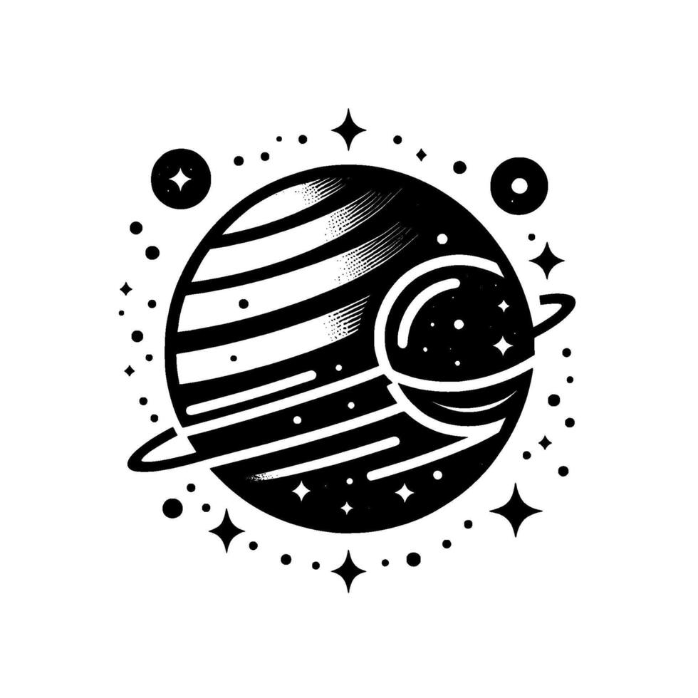 Stylized Monochrome Saturn with rings, orbital nebula, and surrounding celestial elements, in a illustration style. vector