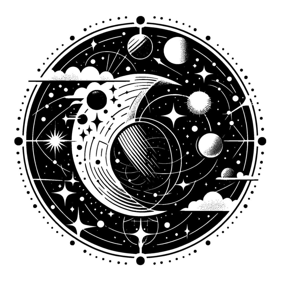Intricate Black White Celestial Mandala Planets, Stars, Clouds, and Cosmic Elements Within a Circular Design. vector