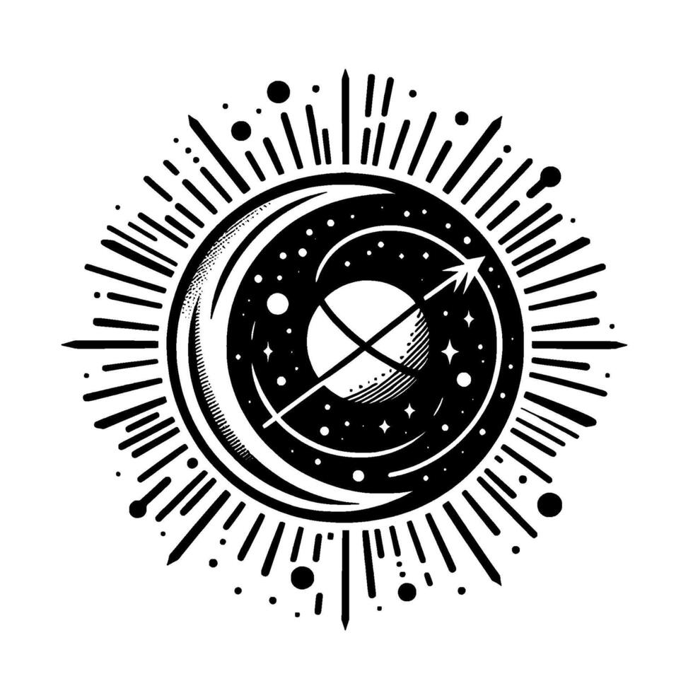 Mystical celestial emblem depicting a moon embracing a sphere with intersecting lines and a starfilled night sky, surrounded by radiating lines and celestial dots. vector