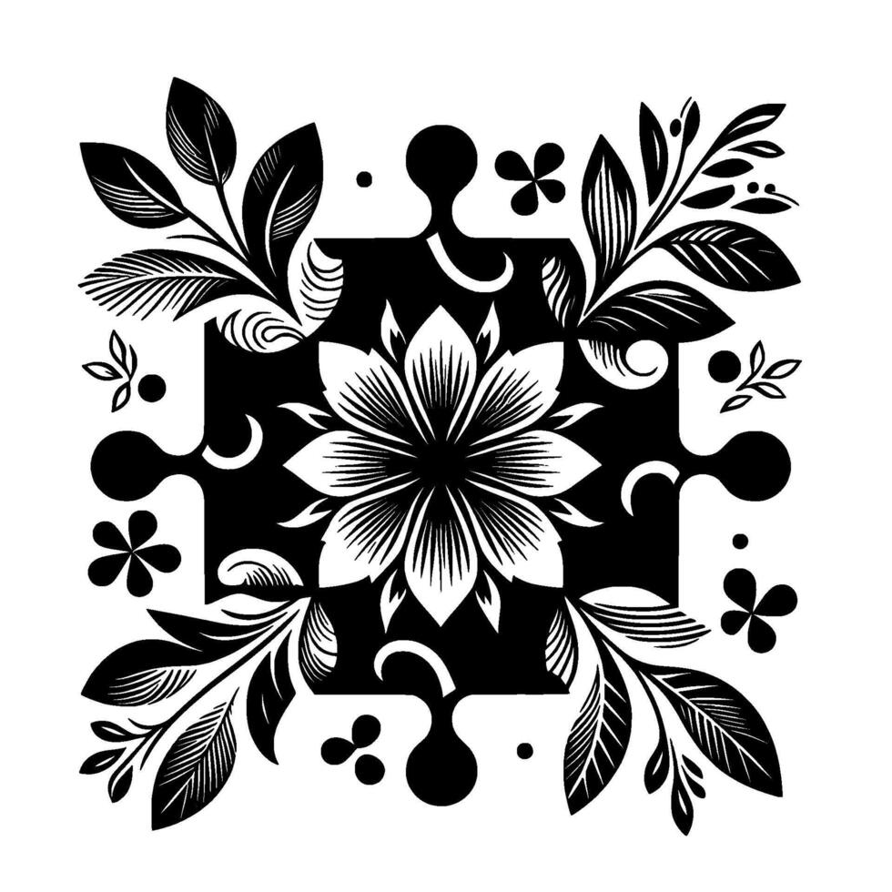 Monochromatic Floral Composition PuzzlePiece Framework with Detailed Petal Flourish and Leafy Border. vector