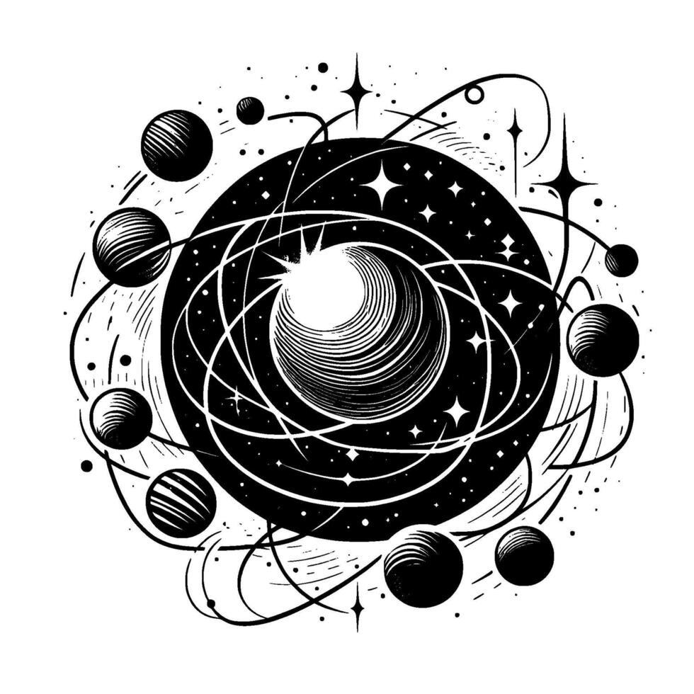 Artistic Black White Depiction of a Solar System Planets, Stars, and Orbital Paths Radiating Energy. vector