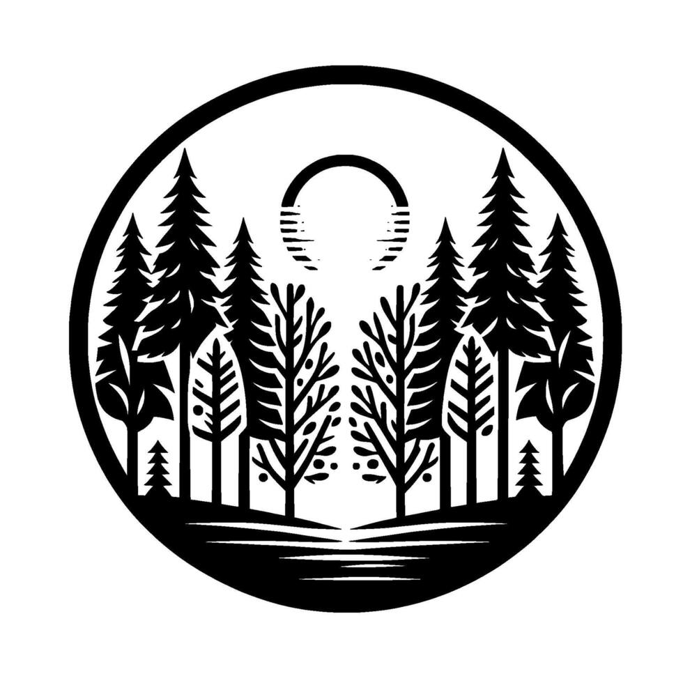 Black and White Forest Scene in a Circle Silhouetted Trees, Rising SunMoon, Nature Icon. vector