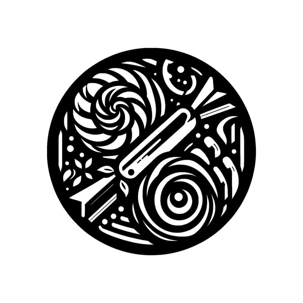 Intricate Black and White Circular Design Spirals, Floral Elements, Bar, and Abstract Shapes within a Decorative Border on a white canvas. vector