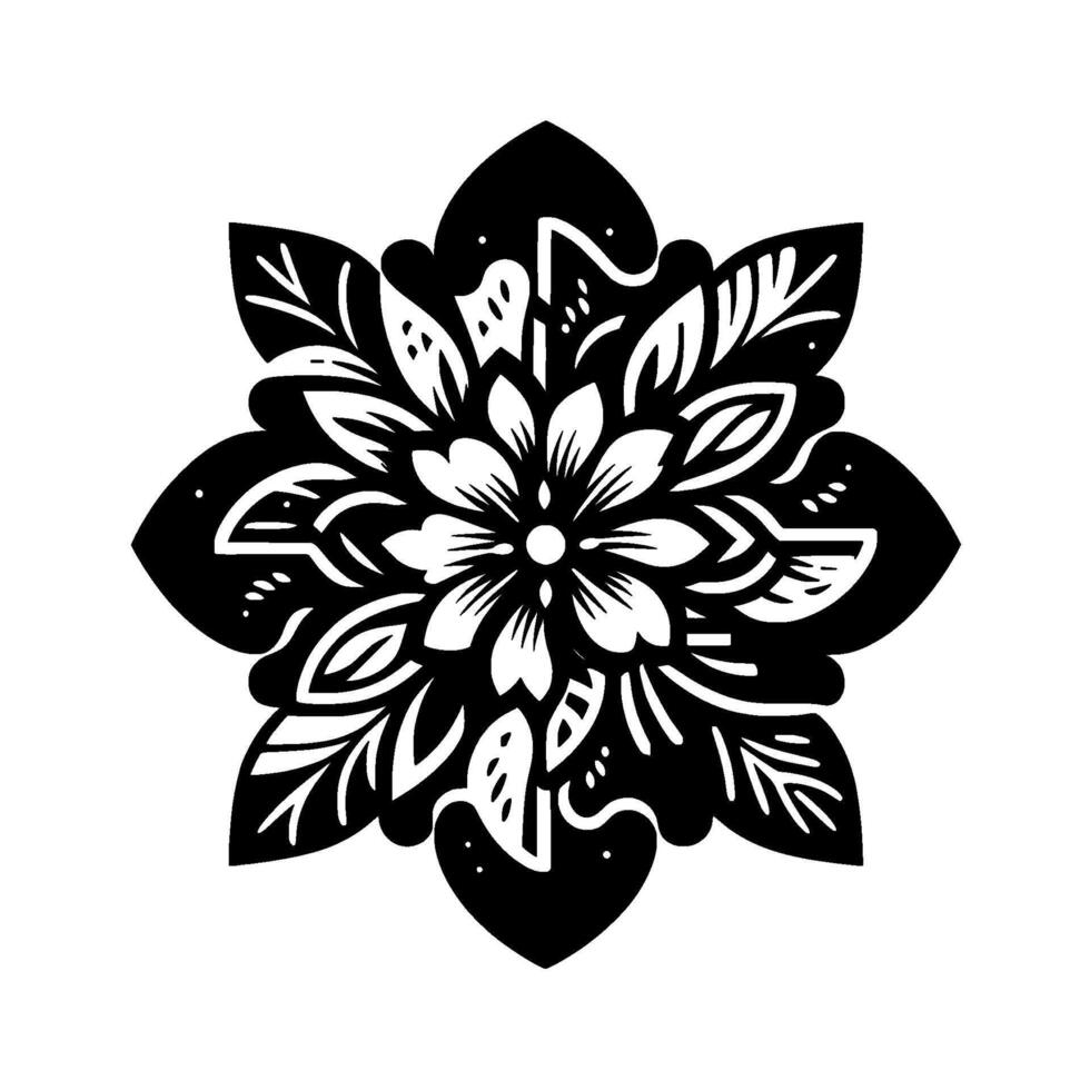 Black and White Floral Mandala Symmetrical, Intricate with Detailed Petals, Leaves, and Geometric Accents on White Background. vector