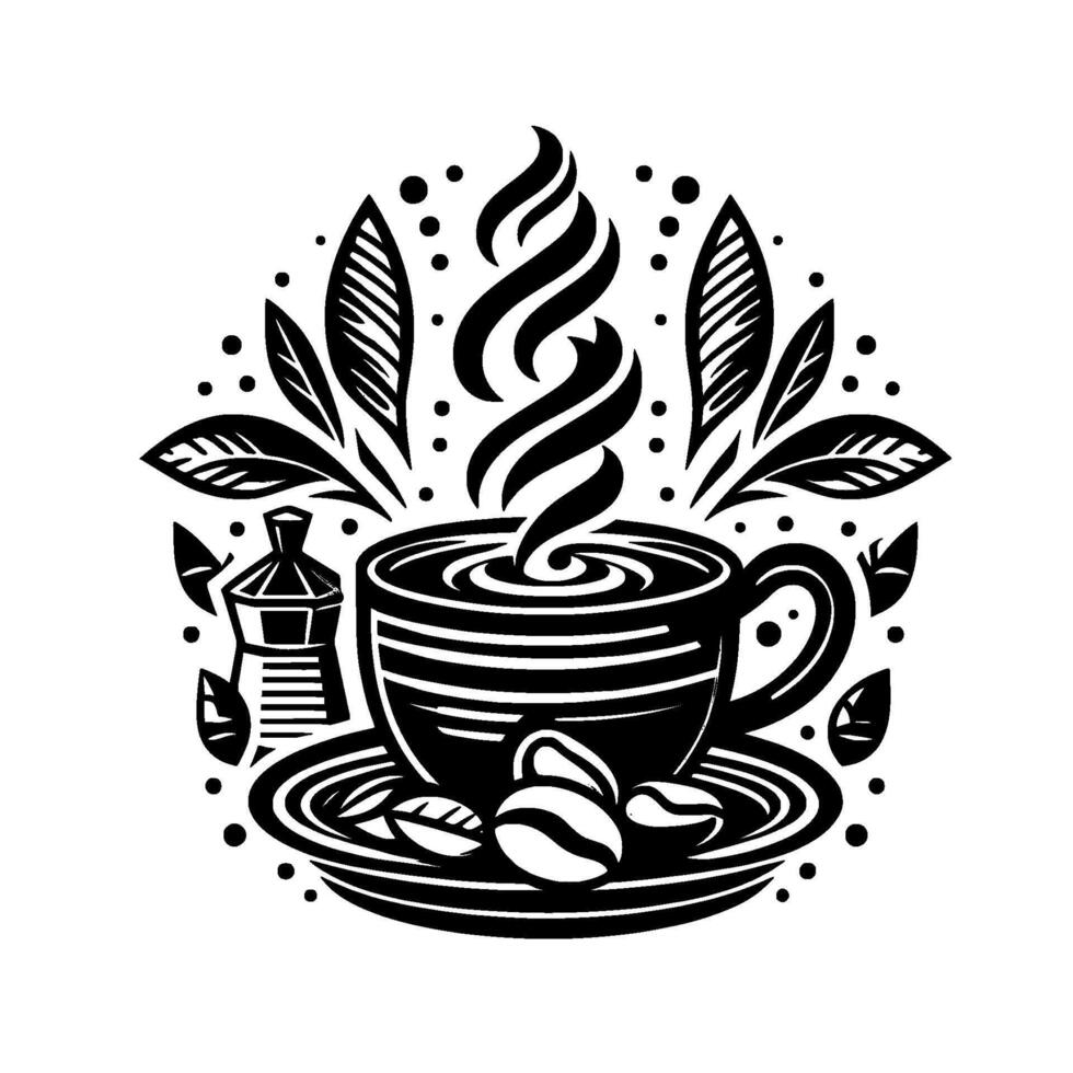 Black White Coffee Illustration Steaming Cup on Saucer with Beans, Leaves, and Espresso Maker in a Decorative Art Deco Design. vector