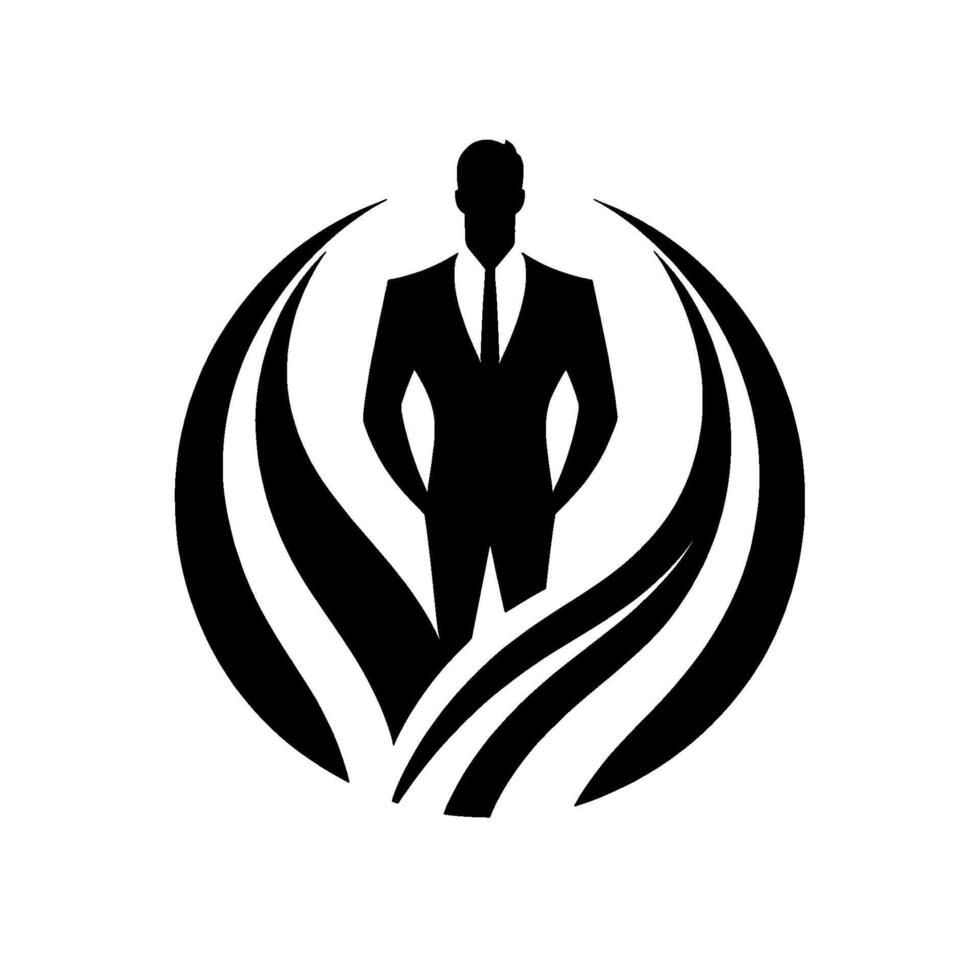 Silhouette of a suited businessman within a stylized black circle with curved line elements, representing growth. vector
