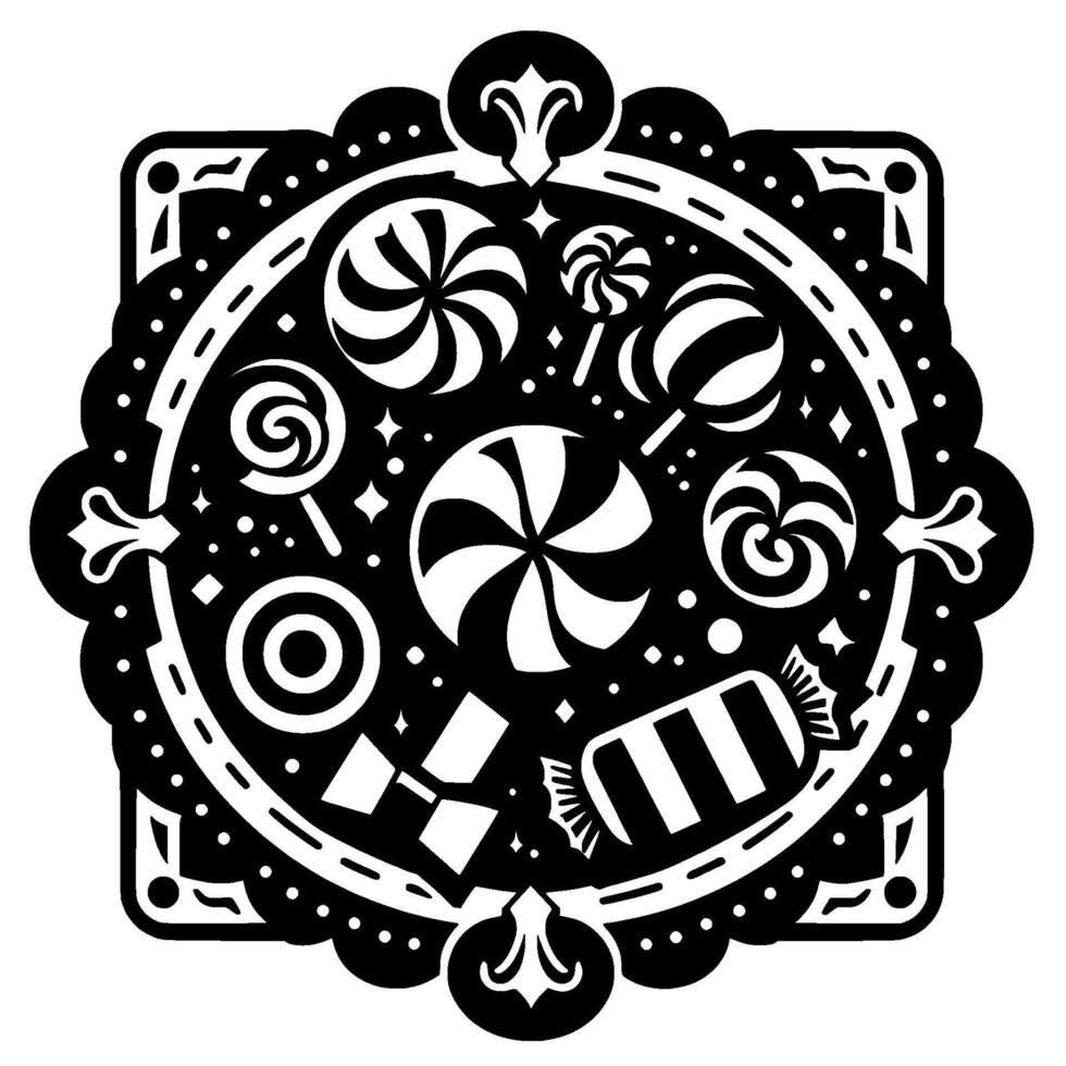 Intricate black and white illustration of various candies and lollipops arranged within a decorative, circular frame with ornamental flourishes. vector