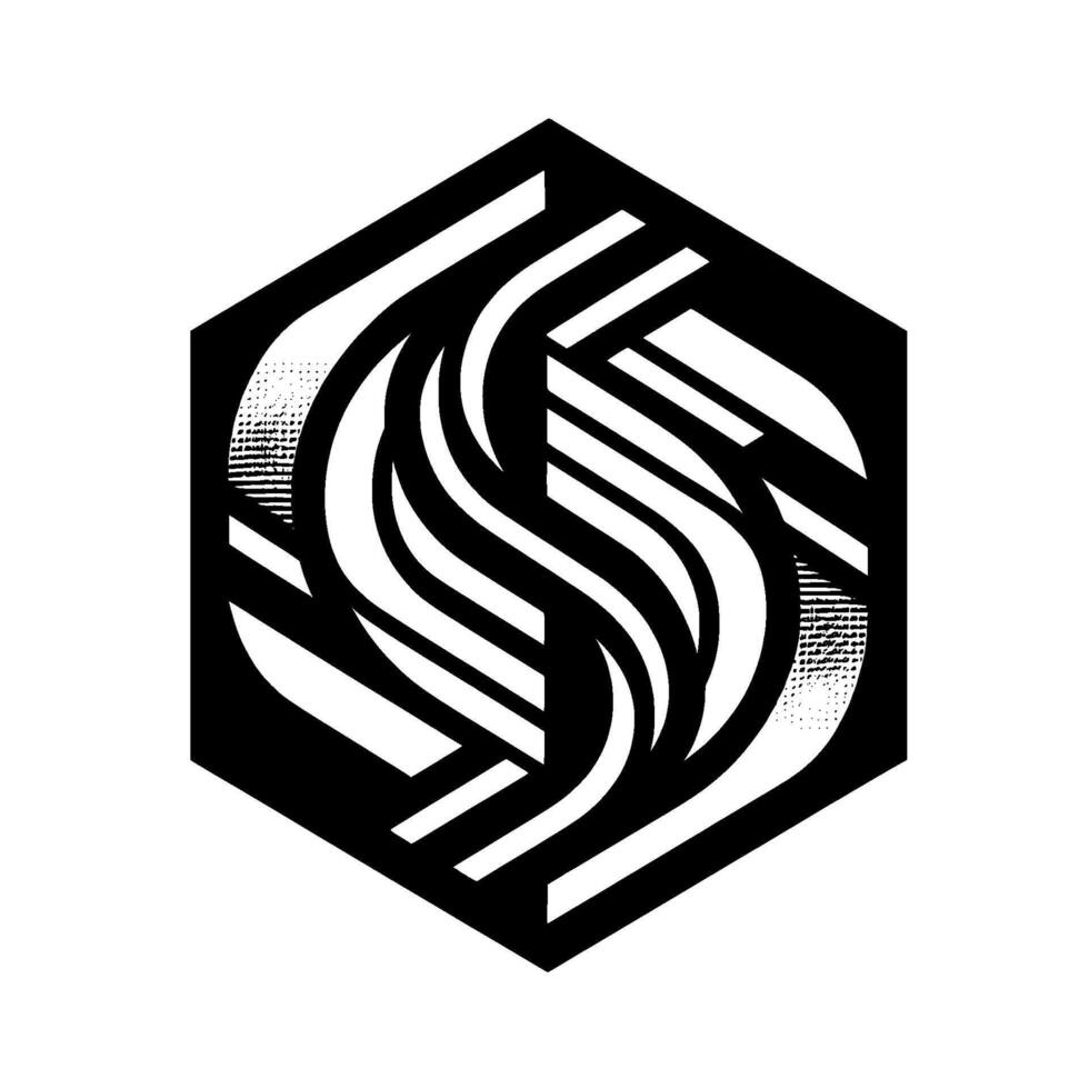 Geometric Black and White Hexagon with Intertwined Abstract Lines, Minimalist in Monochrome. vector