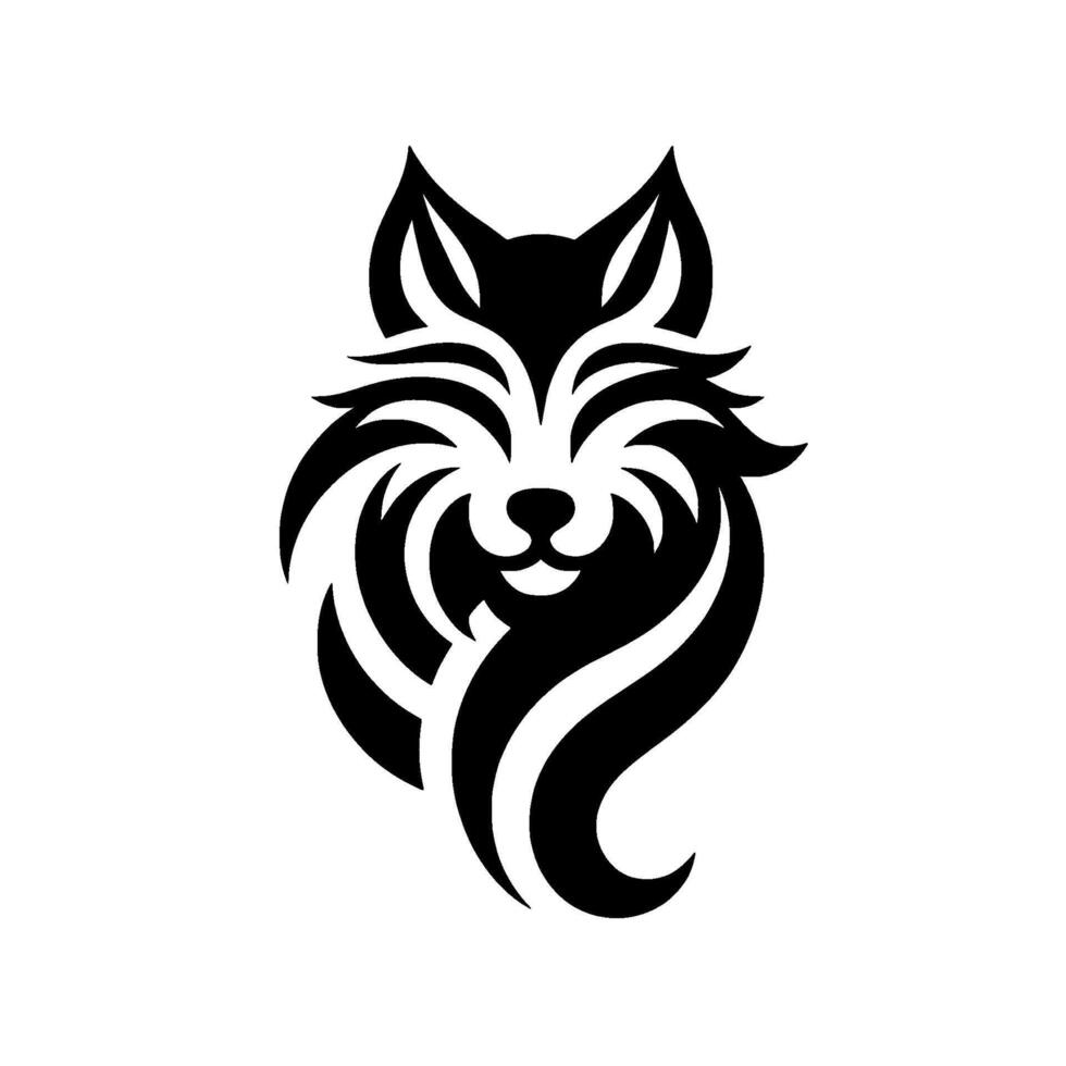 Stylized Black and White Wolf Head Emblem with Flowing, Ornamental Lines and a Smiling Expression on a Clean White Background. vector