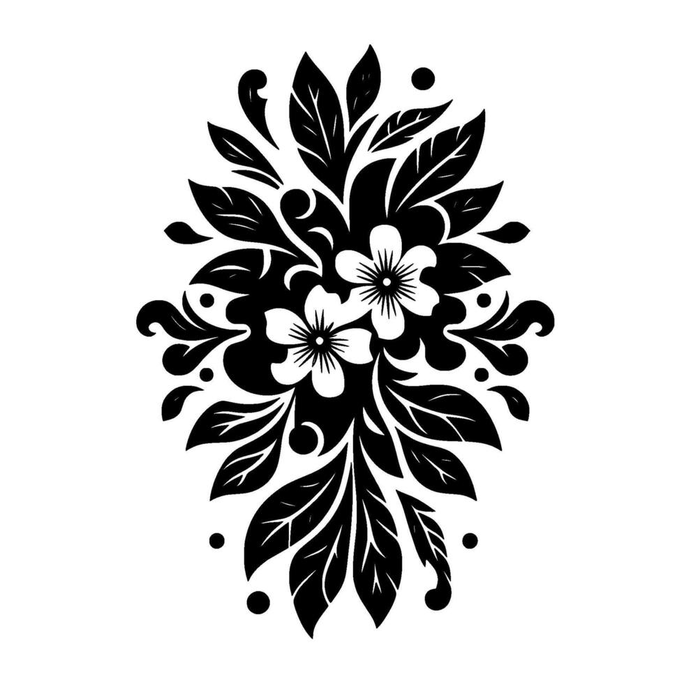 Elegant symmetrical floral in black and white, featuring blossoms, stylized leaves, and decorative swirls against a clean white backdrop. vector